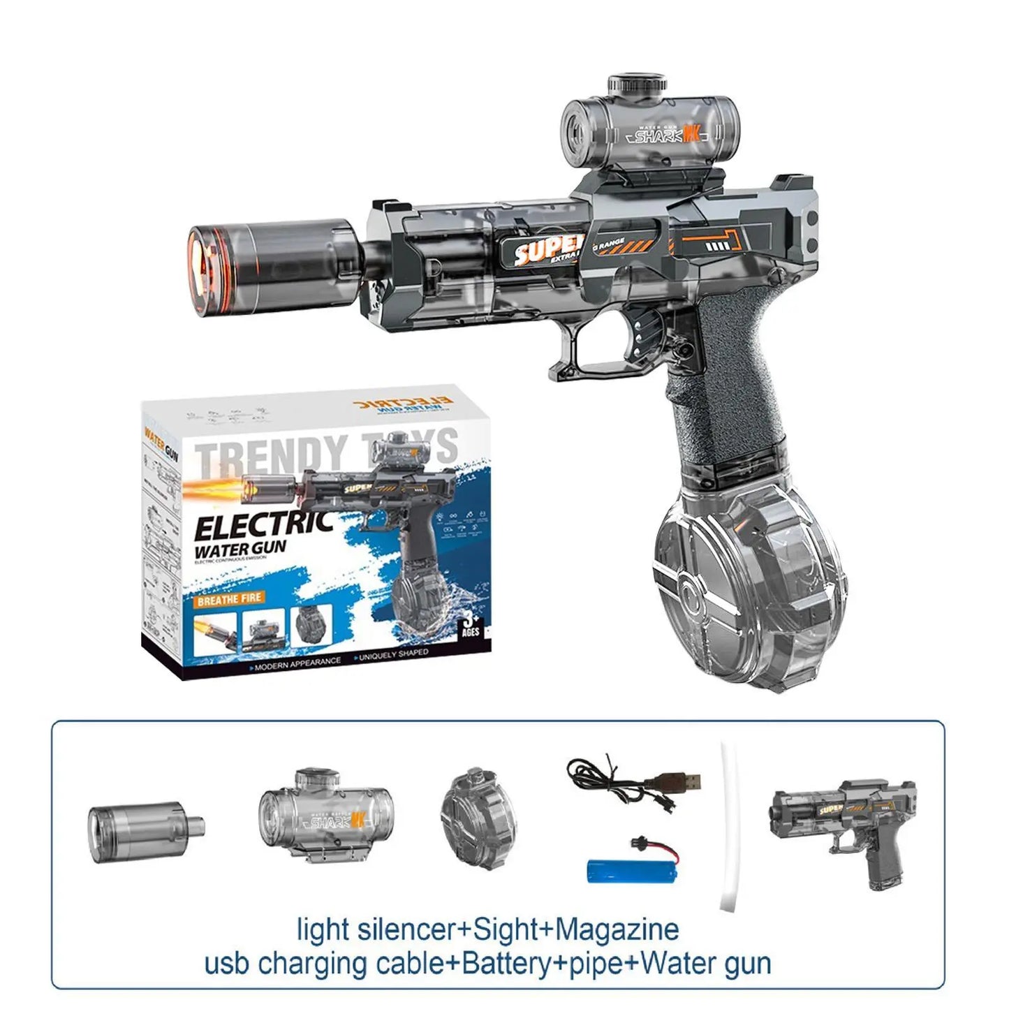 Adult and children's electric water guns, automatic high-power water guns, swimming pool toys, beach electric water guns, realistic muzzle flames.