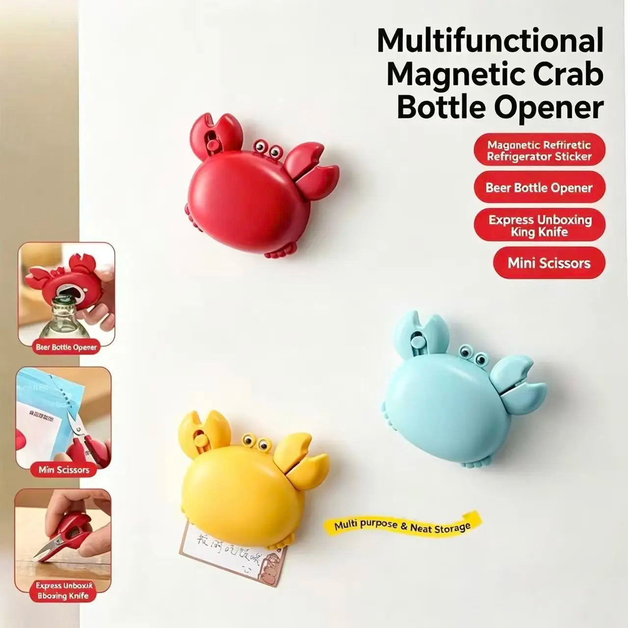 3-in-1 multifunctional crab bottle opener, fridge magnet, box cutter, cartoon portable magnetic scissors