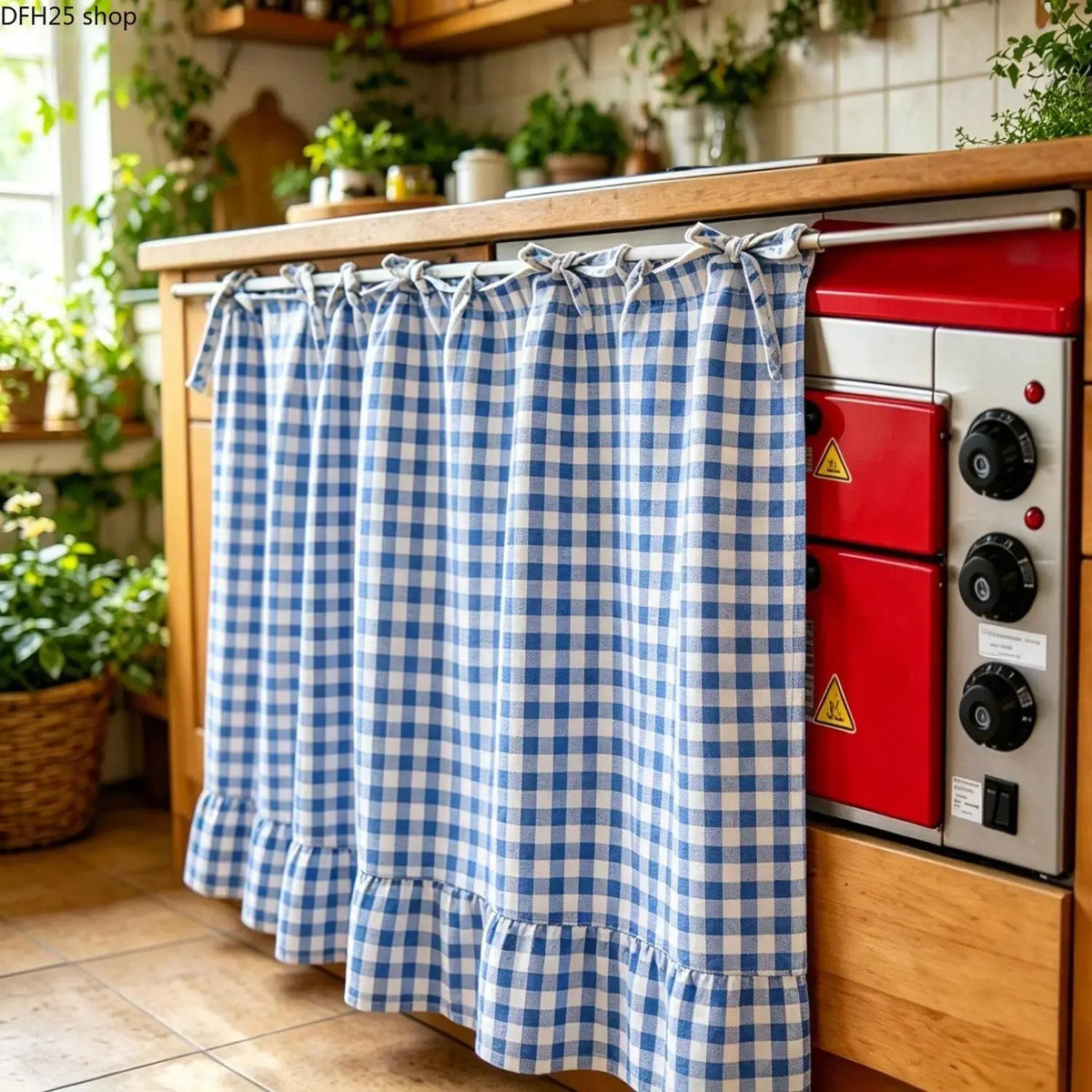 2026 Farmhouse Stove Curtain – Gingham Plaid Ruffle Short Window Valance