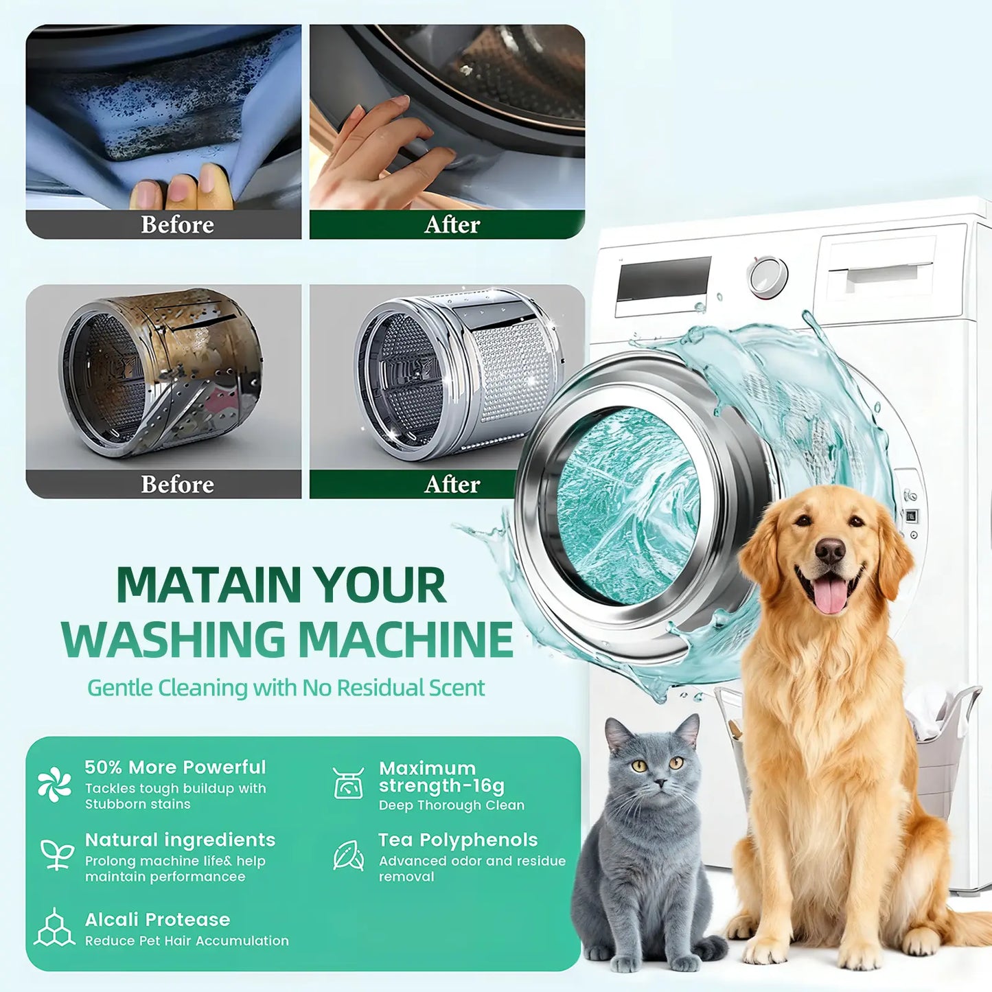 Eco-Friendly Washing Machine Cleaner 12 Tablets Removes Pet Hair Buildup