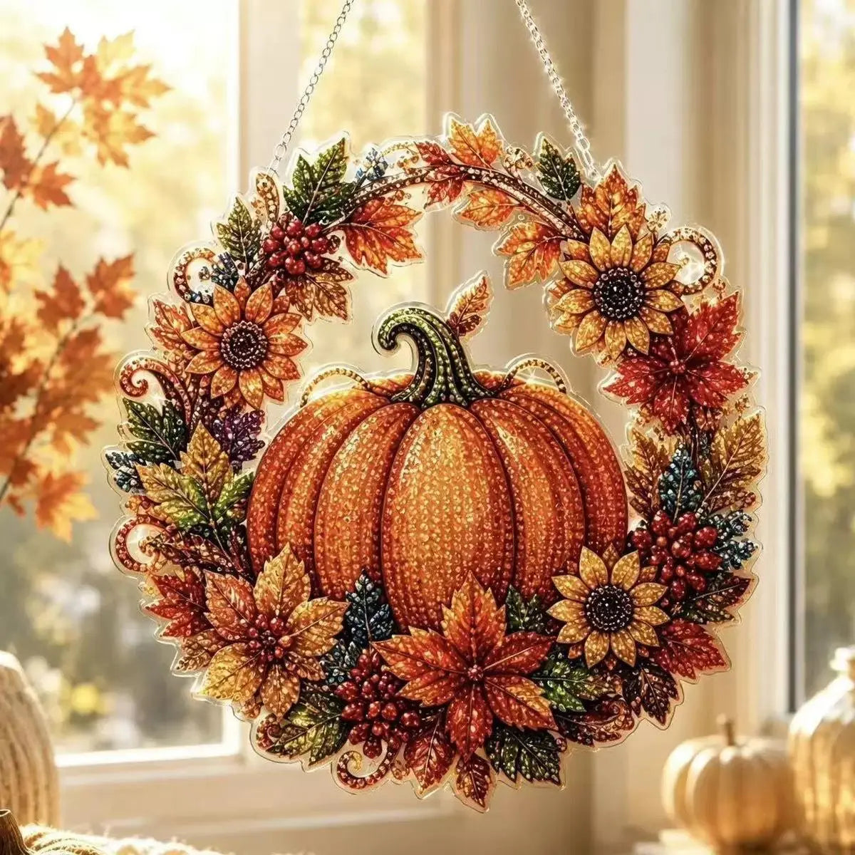 Halloween Diamond Painting Suncatcher Ornament Kit – Pumpkin & Black Cat DIY Gem Art for Window Decor