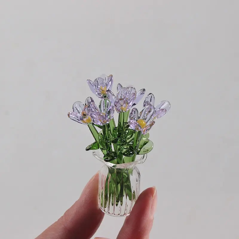 Handcrafted Mini Glass Artificial Flower Set – 10Faux Flowers with Vase Decorative Bouquet