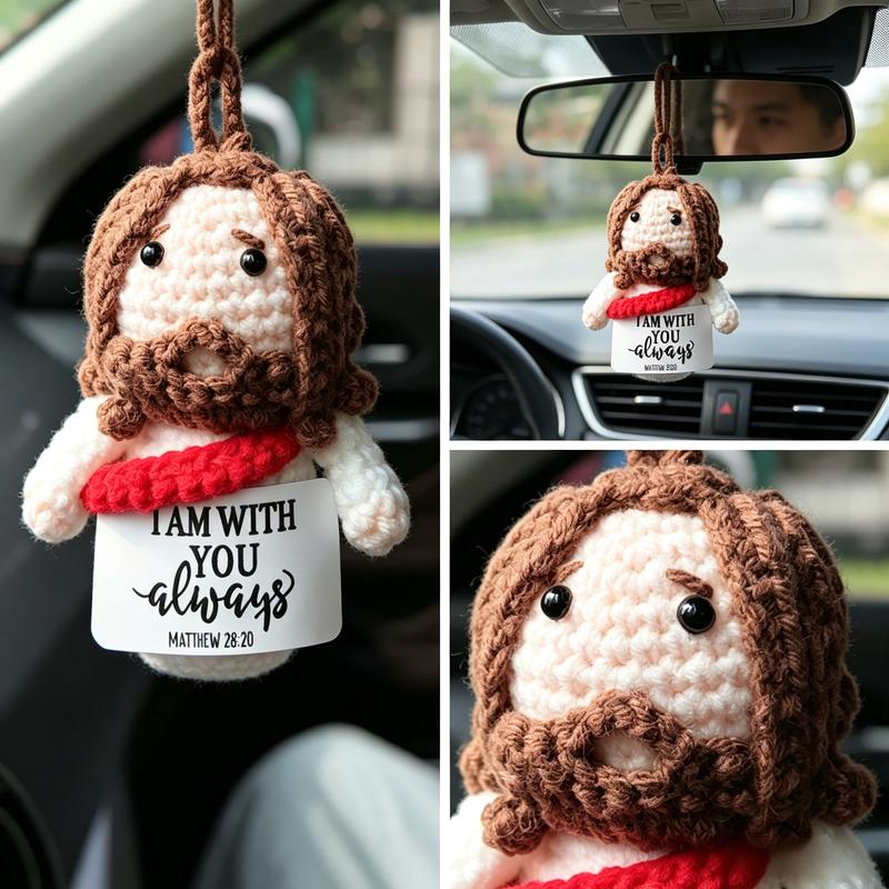 Handmade Yarn Crochet Jesus Stuffed Doll – Faith Car Charm Keychain & Dashboard Decoration