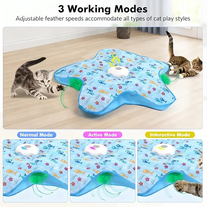 Colorful Pentagonal Cat Hunting Hood Toy with Two Feather Refills, Electric Auto-Rotating Feather Teaser Rod, Self-Entertainment Hide-and-Seek Game for Cats