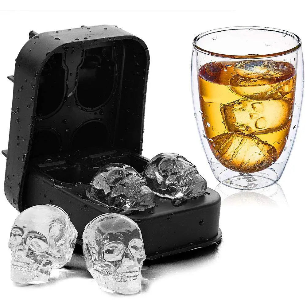 Skull-shaped ice cube molds, silicone ice cube trays, BPA-free freezer molds for making creepy skulls Ice Hockey, whiskey-mixed ice cubes, perfect for soft drinks, coffee, soda, kitchen restaurants, Halloween parties ,Black Utensils