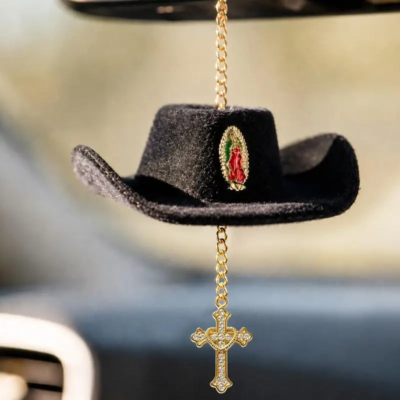 Handmade St. Jude Black Sombrero Car Blessing Charm – Faith Protection Rearview Mirror Ornament