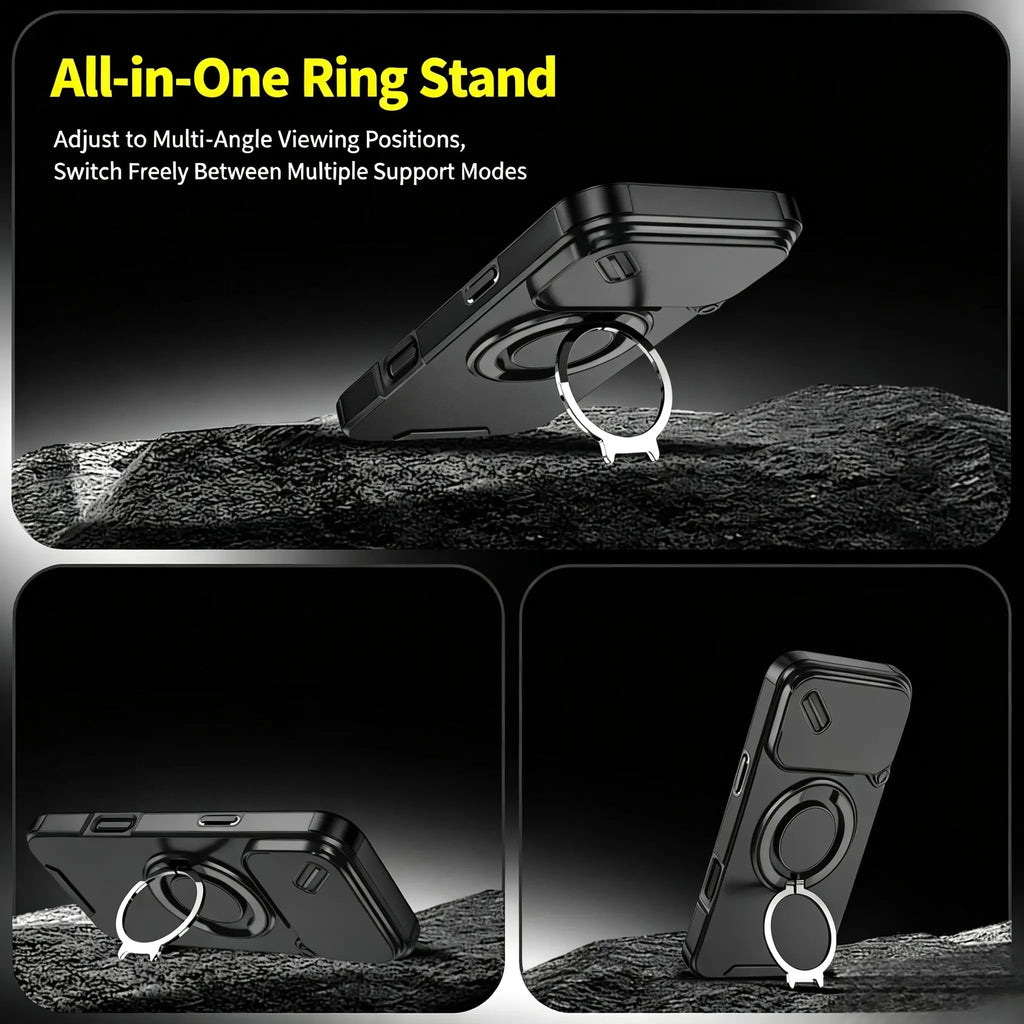 Military-Grade Magnetic Protective Case with Sliding Camera Cover & 360° Rotatable Ring Stand for iPhone 17 Pro Max