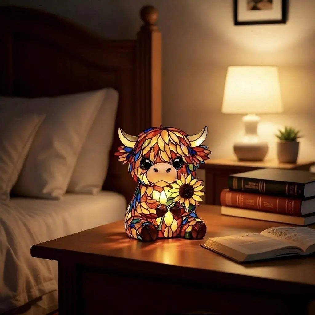 Luz de noche LED de vaca de las Highlands - Lámpara de mesa de figura animal de resina bonita (USB)