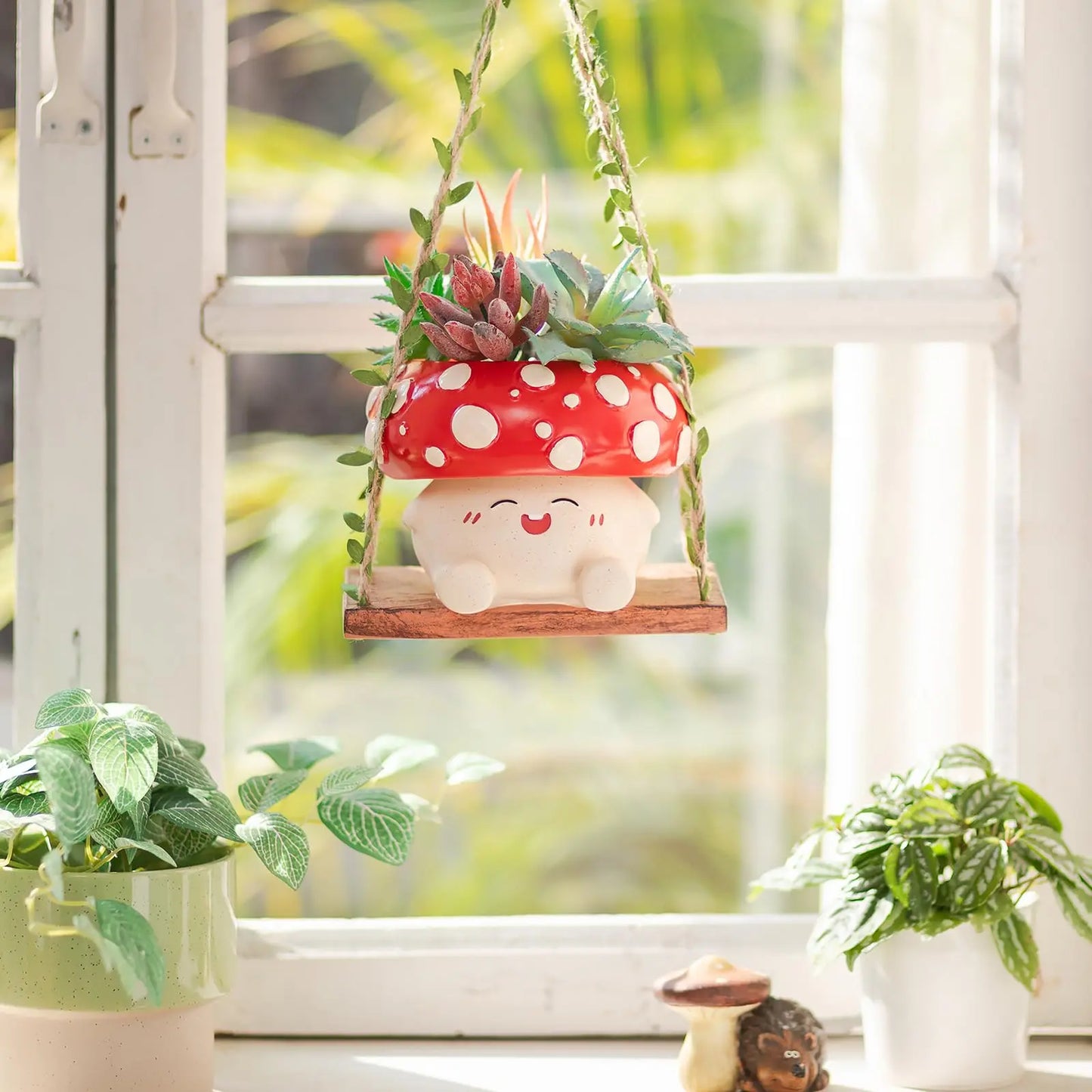 Whimsical Cottagecore Mushroom Smiley Face Hanging Swing Planter - Cheerful Home Decor Gift for Plant Lovers