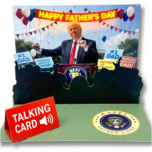 Talking Donald Trump Pop Up Fathers Day Card with Light & Sound - Plays Trump's Real Voice, Funny 3D Pop Up Greeting Card, Presidential Podium Scene, Funny Trump Fathers Day Surprise for Dad
