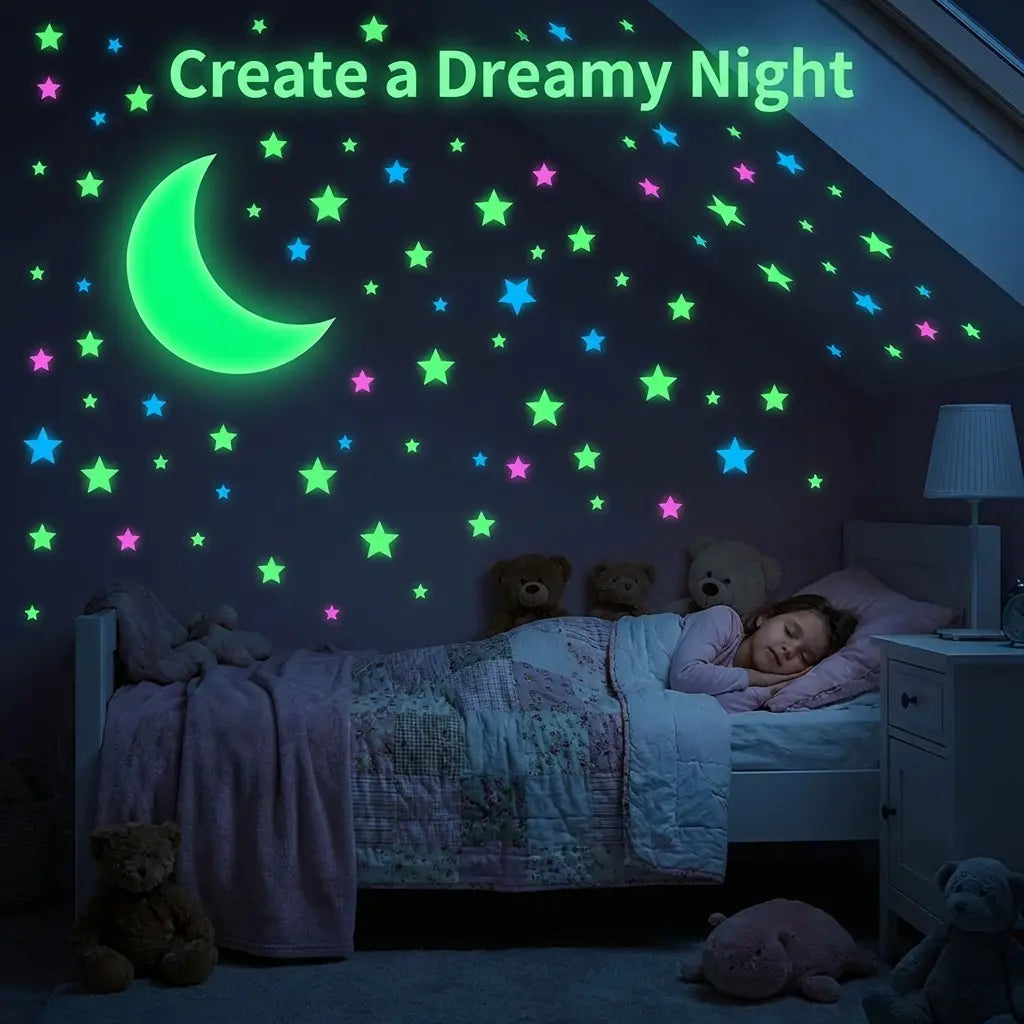 100/200/300 Glow in the Dark Stars Stickers Mixed Color Luminous Fluorescent Reusable Plastic Wall Stickers Ceiling Stars Decal Space Galaxy Night Sky Bedroom Ceiling Decor Kids Room Nursery Home Decor