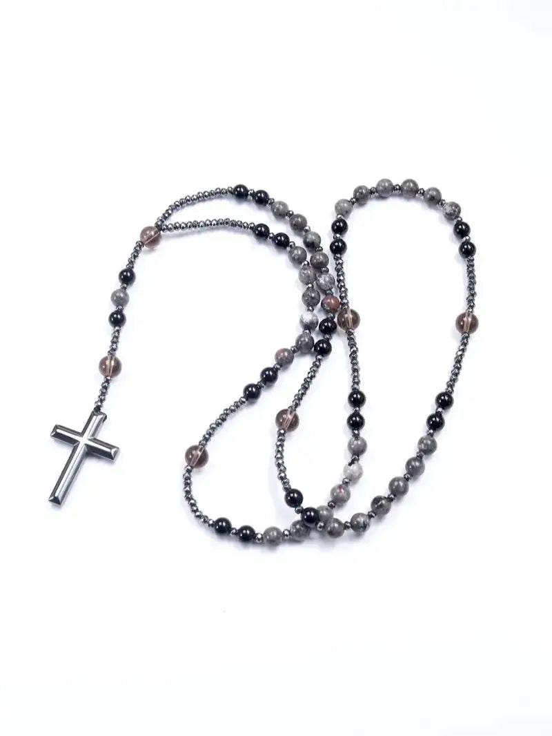Eclat Mystique Natural Obsidian Yooperlite Rosary Necklace UV Reactive Protection Necklace Hematite Stone Cross Pendant Necklace Gift for her, gift for him