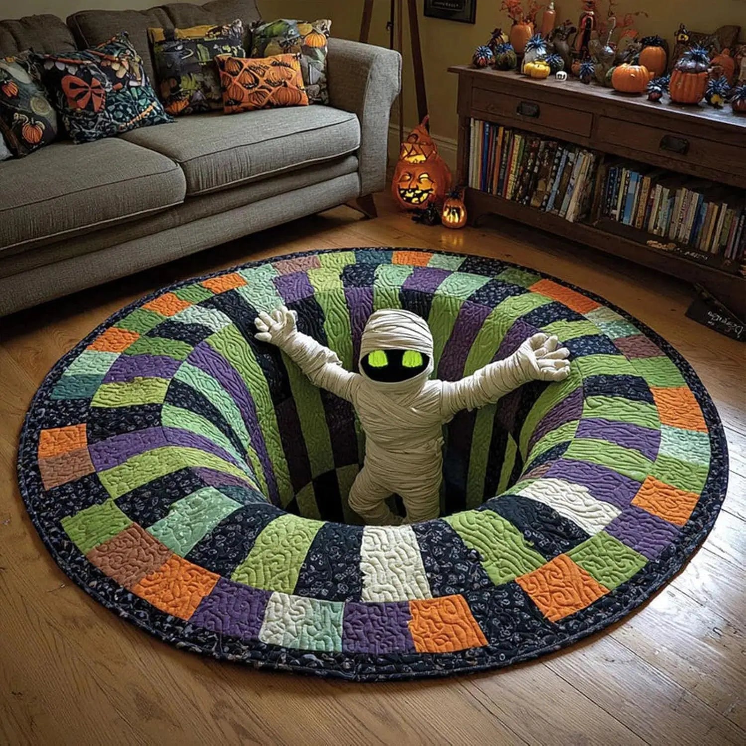 Halloween 3D Skeleton Vortex Quilted Illusion Round Rug (16") – Soft Non-Slip Spooky Living Room Carpet