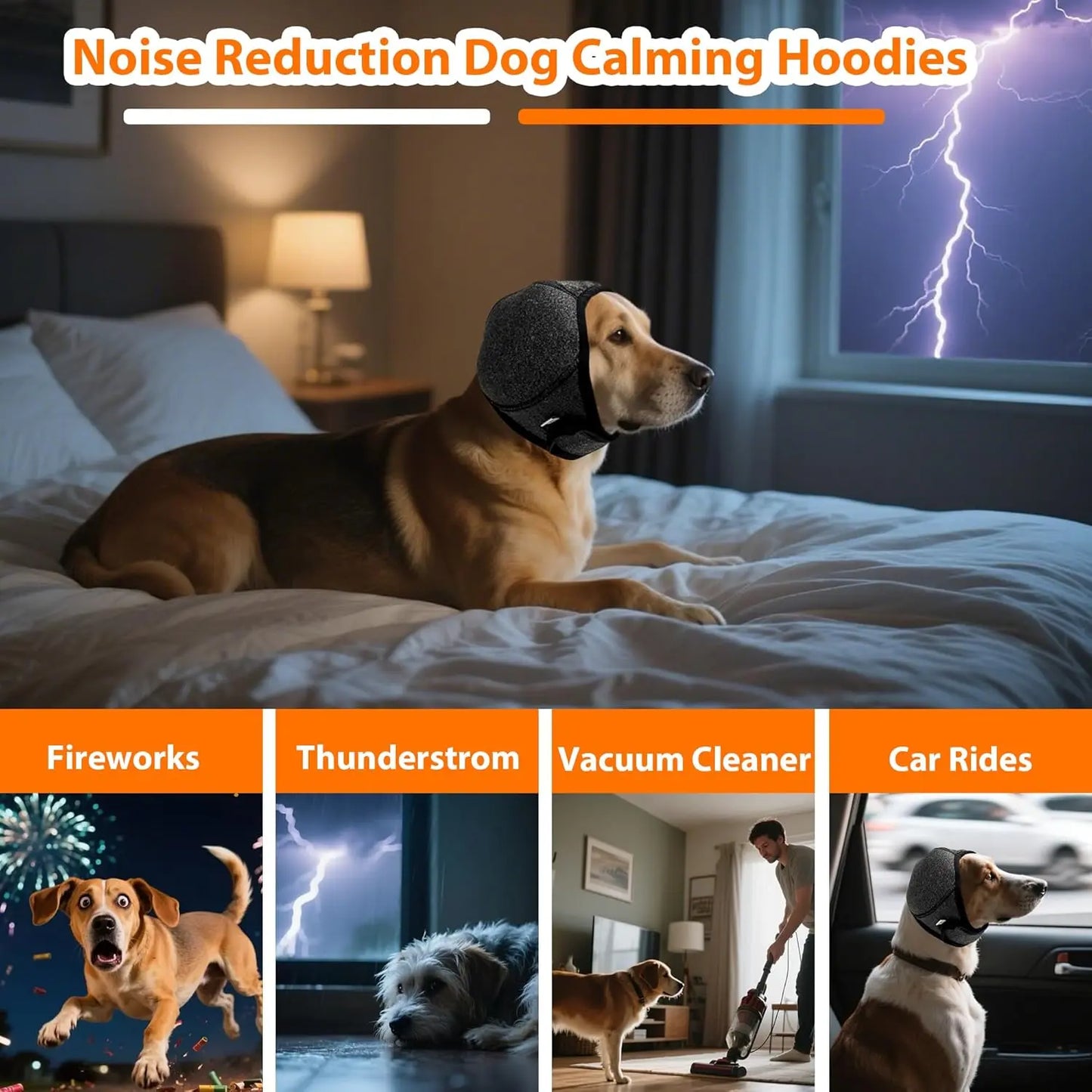Dog Calming Hoodie & Waterproof Ear Wraps – Anxiety Relief Noise Cancelling Muffs for Bathing & Fireworks
