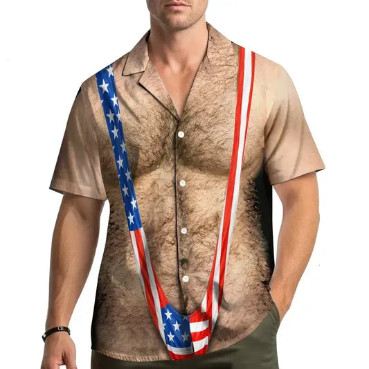 American Flag Funny Hawaiian Shirt Men, Patriotic Chest Hair Illusion Aloha Shirt, 4th of July Button Up, Hilarious Independence Party Outfit