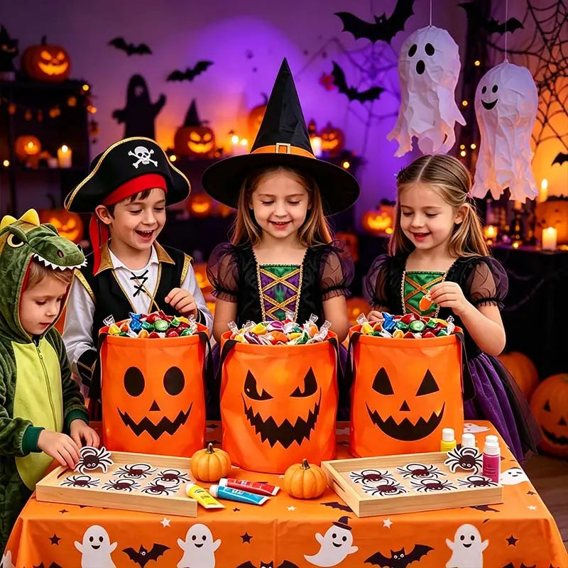 LED Halloween Pumpkin Light Candy Bucket & Goodie Bag Set (4 Pcs) – Reusable Trick-or-Treat Gift