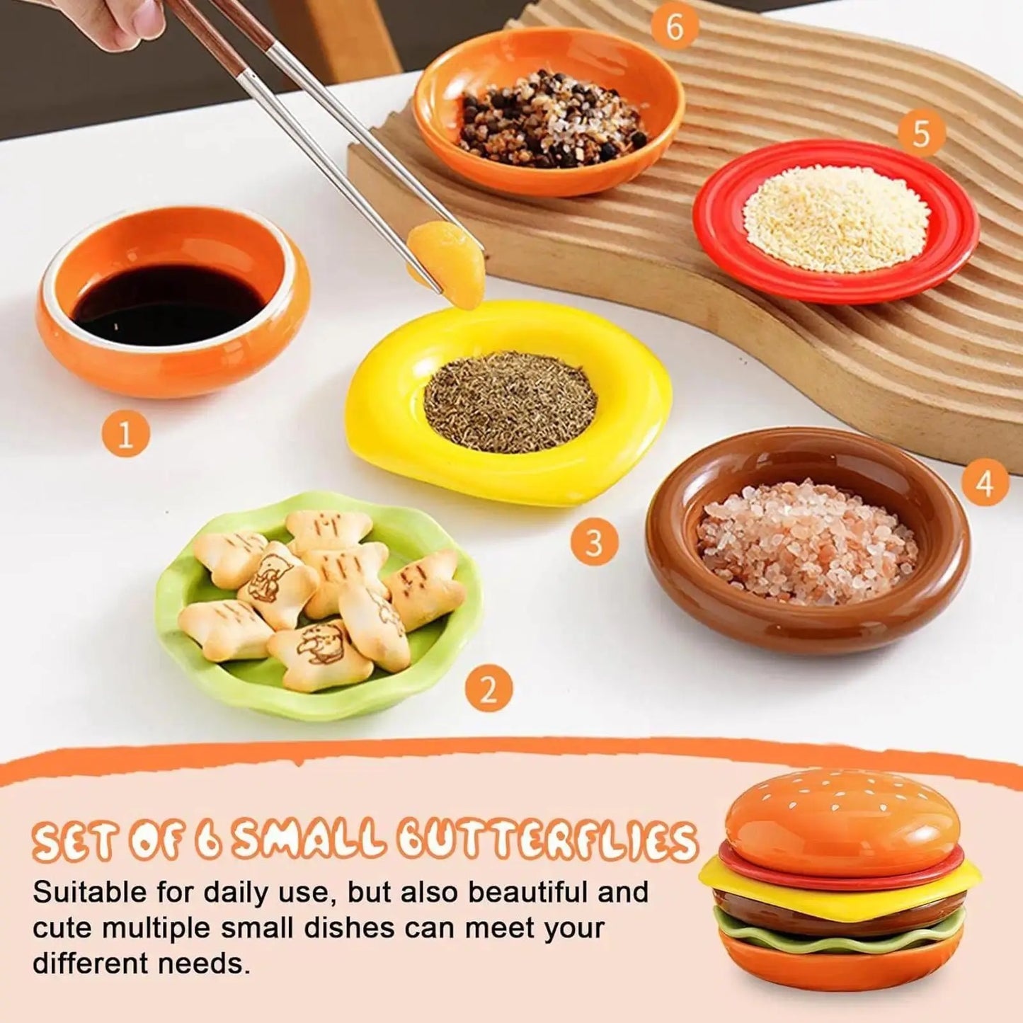 Stackable Hamburger Plate Set – 6-Piece Burger Serving Plate & Sauce Dish