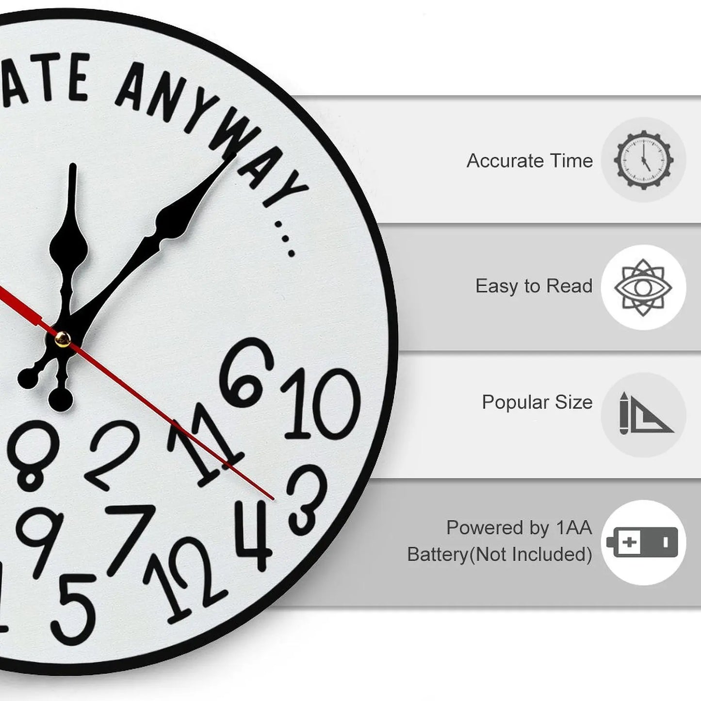 Funny Sarcastic "I'm Late Anyway" Wall Clock | 10in/12in Silent Sweep Movement Novelty Gag Gift, Humorous Office Decor, Ideal for Home, Dorm, Man Cave, Battery Not Included, DIY ASSEMBLY NEEDED