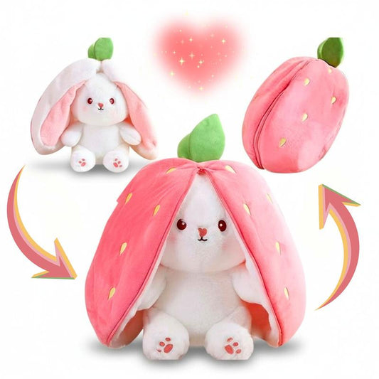 DASHING NOVA Reversible Strawberry Bunny Plush Toy, Soft Kawaii Transforming Hide-and-Seek Cuddly Stuffed Animal, Plushies for Birthday Gifts