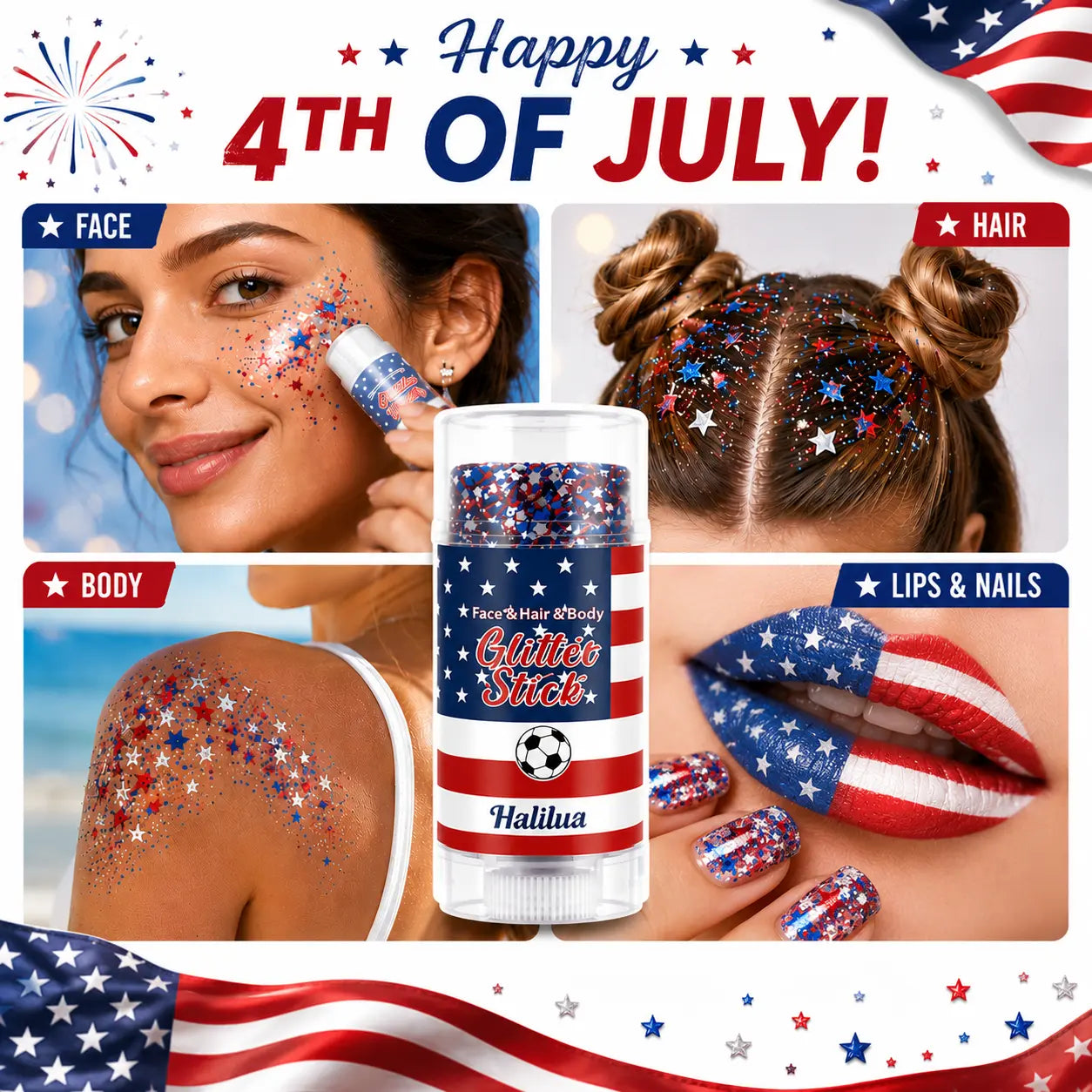 4th of July Independence Day Glitter Stick (Red, White & Blue for Party & Festival Look)