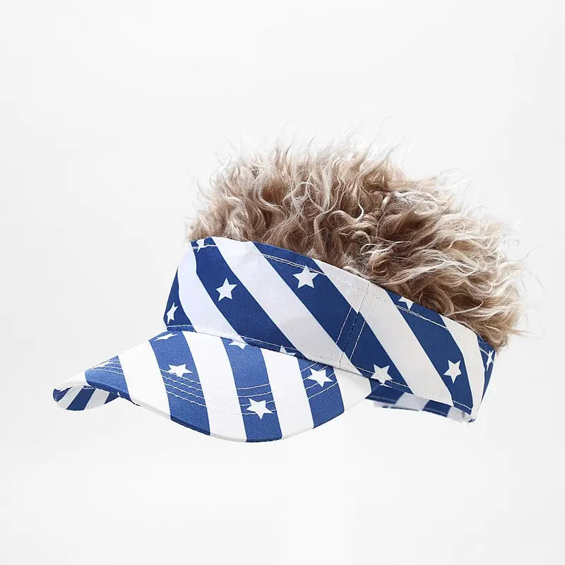 Patriotic US Flag Visor Hat with Fake Hair Wig