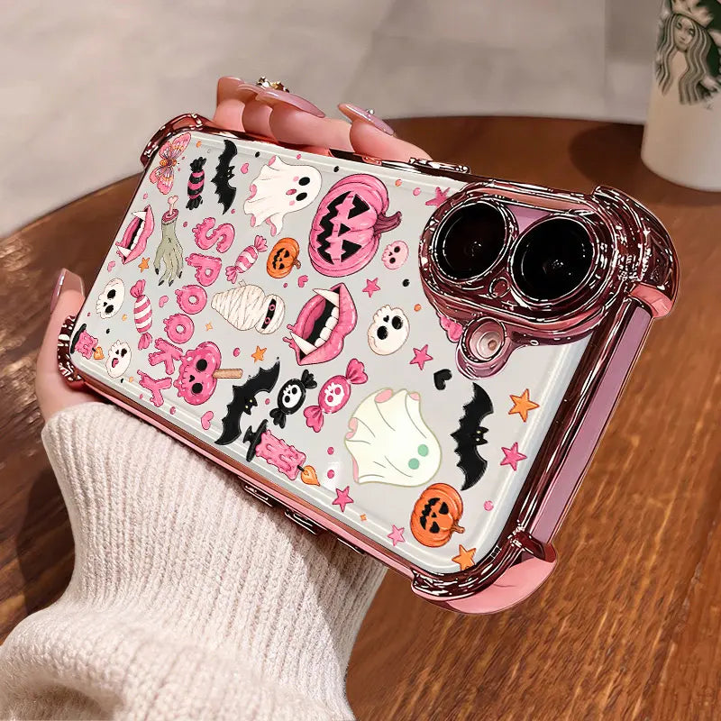 Cute Candy Pumpkin & Ghost Transparent Phone Case for iPhone 17 Pro Max – 4-Corner Anti-Fall Shockproof Cover
