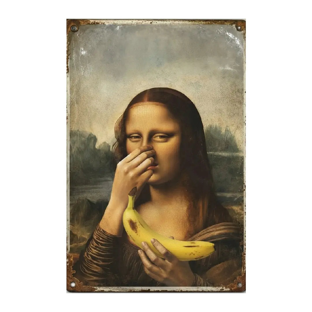 Mona Lisa Bathroom Metal Sign Funny Vintage Toilet Wall Decor Nose Pinching Stink Humor Da Vinci Inspired Rustic Metal Plaque 08*12 inch