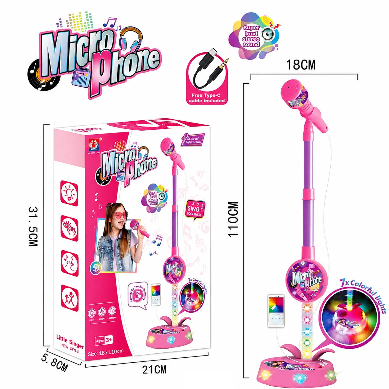 Unleash Your Child's Inner Pop Star! ThisKaraokeMicrophone Toy with Colorful LEDLights & Built-in MusicEncourages Singing,Boosts Confidence, and Makes aPerfectBirthday Gift for children Aged 3-8.Fun,Educational, and Hours of Entertainment!