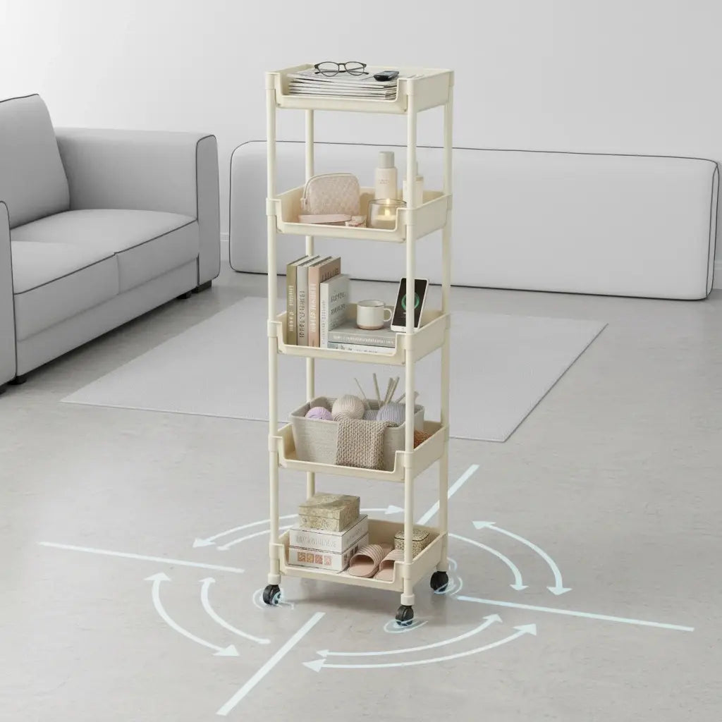 Adjustable Multi-Layer Rolling Storage Cart | Plastic Room Organizer for Kitchen & Bath (Includes Suction Sponge Holder & Glove Clip)