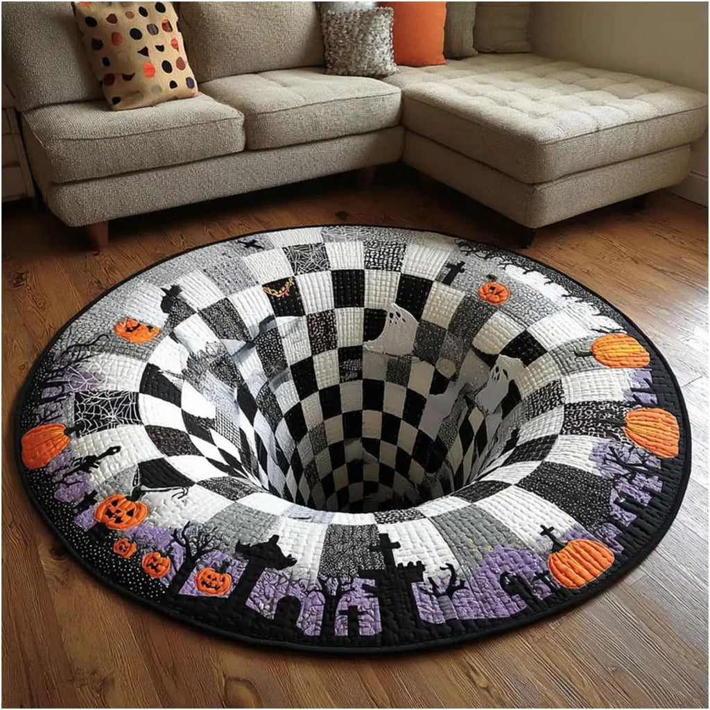 Halloween 3D Skeleton Vortex Quilted Illusion Round Rug (16") – Soft Non-Slip Spooky Living Room Carpet