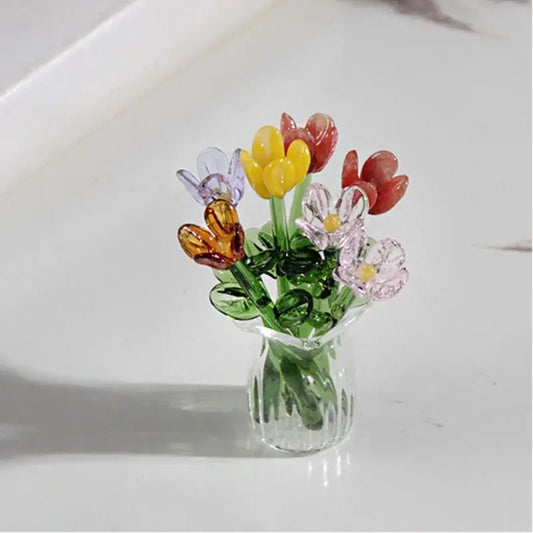 Handcrafted Mini Glass Artificial Flower Set – 10Faux Flowers with Vase Decorative Bouquet