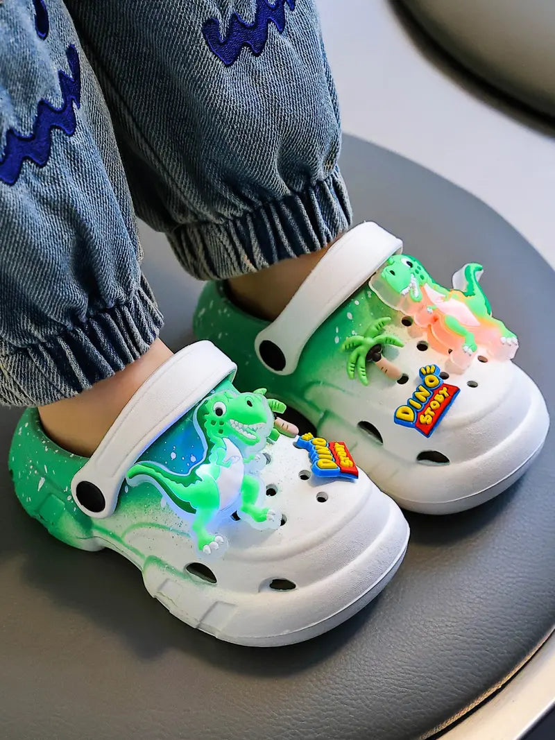 Summer Glow-In-The-Dark Dinosaur EVA Slippers, Lightweight Hollow Out Soft Sandals for Boys and Girls, Cute Floral Design Cool Slippers