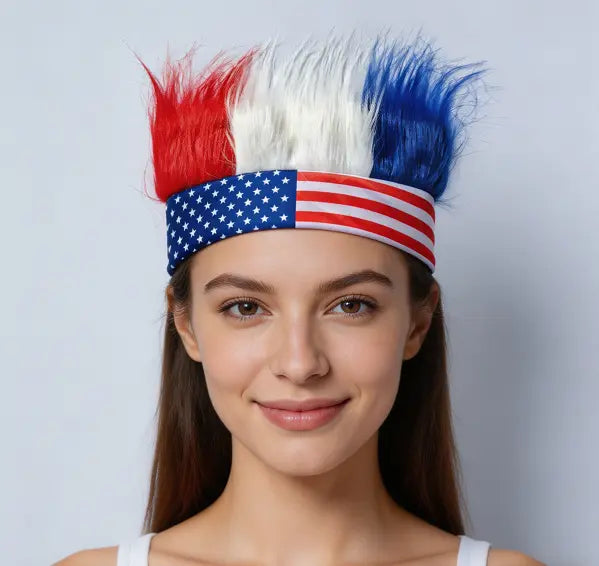 Patriotic USA Crazy Hair Headband – Funny American Flag Wig for Sports & 4th of July
