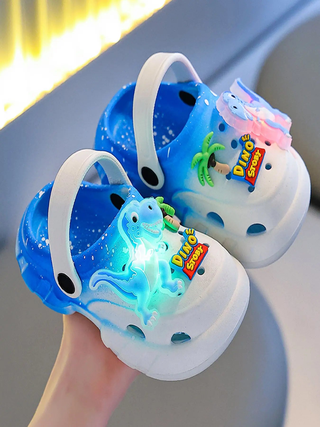 Summer Glow-In-The-Dark Dinosaur EVA Slippers, Lightweight Hollow Out Soft Sandals for Boys and Girls, Cute Floral Design Cool Slippers