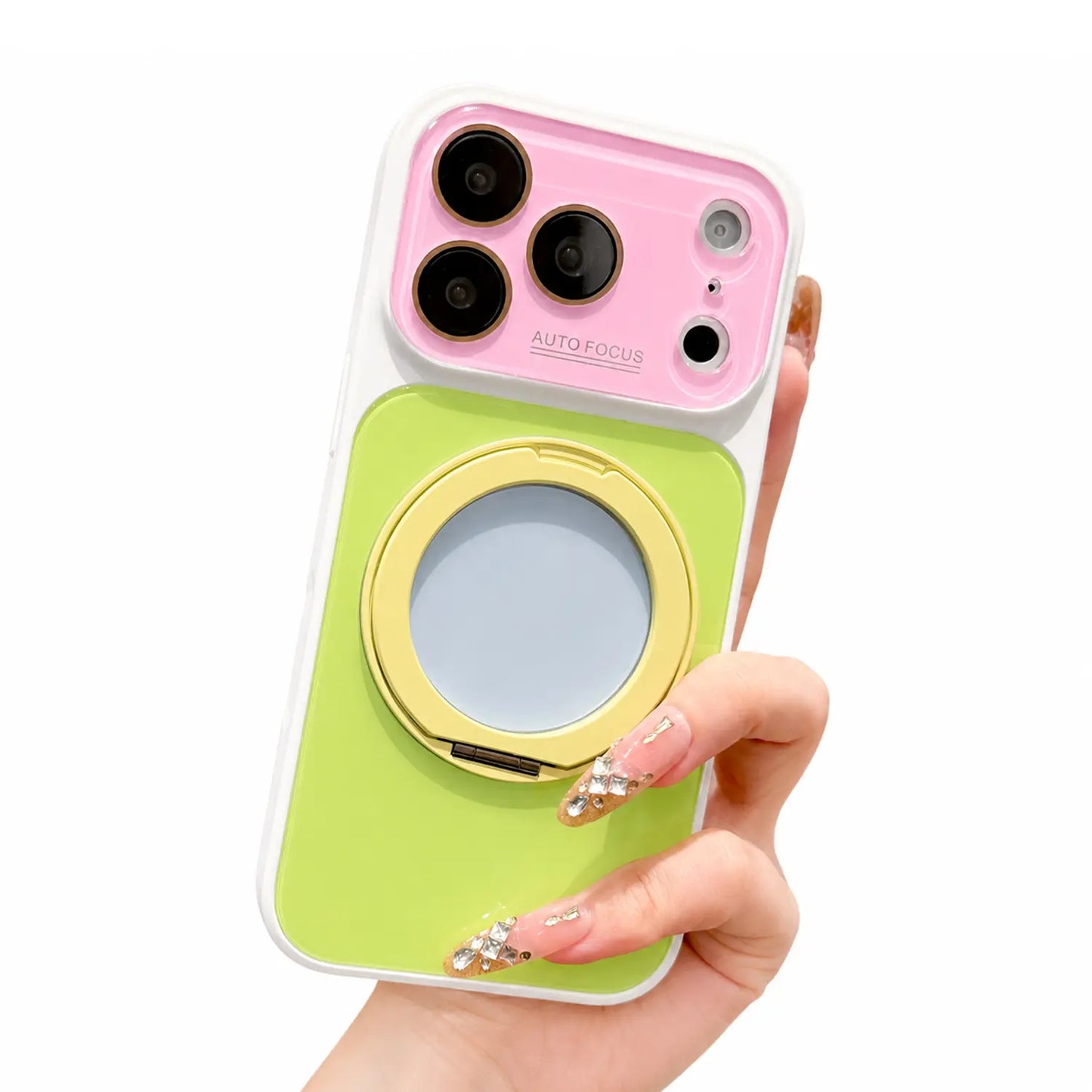 Dopamine Colorblock Glossy Magnetic Case for iPhone 17 Pro Max – 360° Rotating Ring Stand & MagSafe Cover