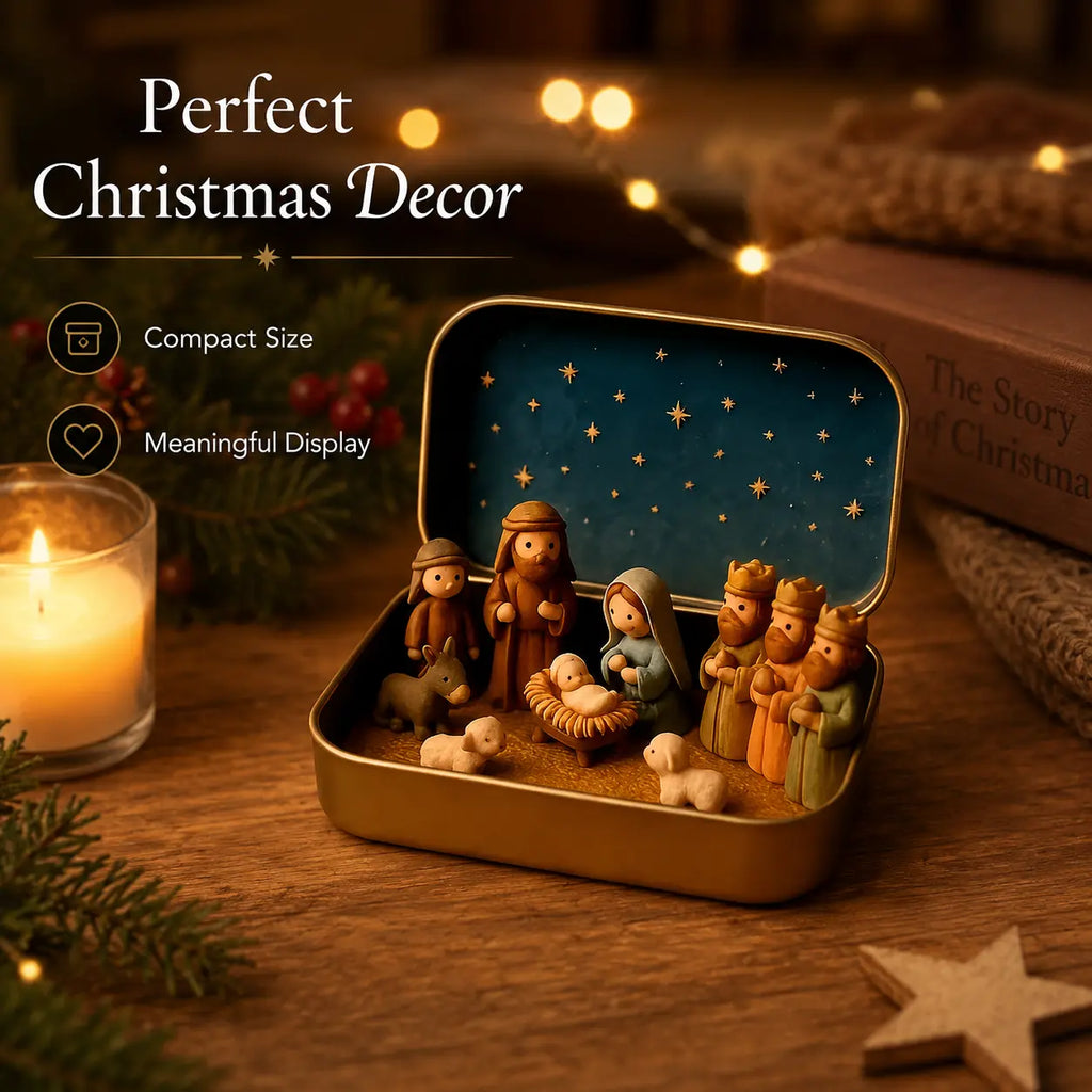 Pocket-Size Mini Nativity Scene Set with Storage Box – Hand-Painted Christmas Table Decor
