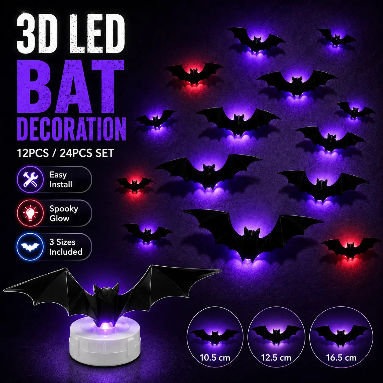 3D LED Bat Light Halloween Wall Decor – Glowing Spooky Party Ornaments (24-Piece Set)