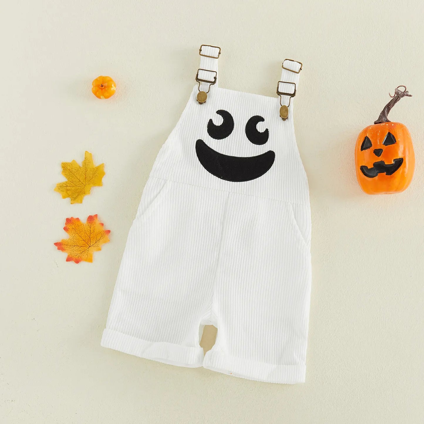 Toddler Baby Little Boy Girl Halloween Overalls with Pockets Ribbed Devil Face Pattern Sleeveless Jumpsuit 1-5 Years