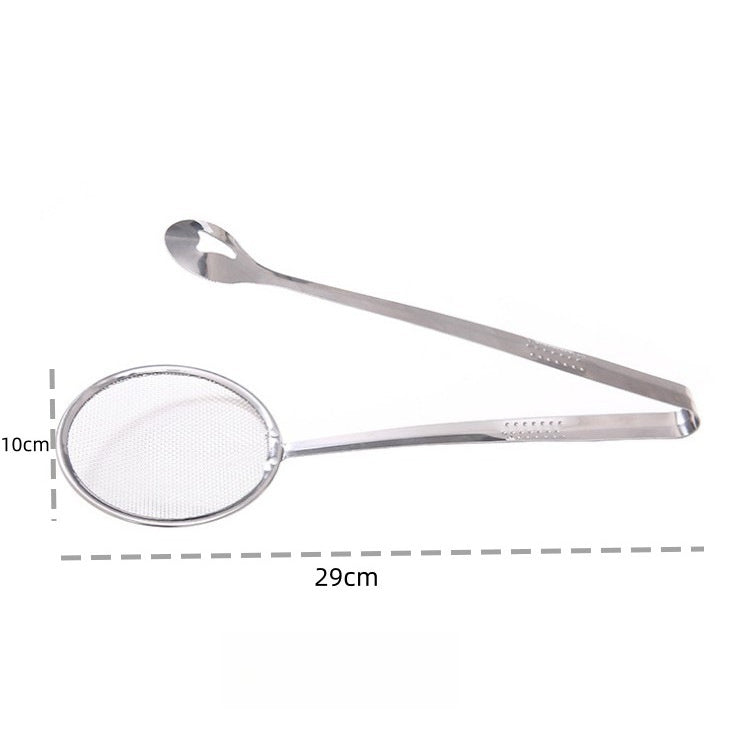 2-in-1 Stainless Steel Strainer Tongs – Fine Mesh Skimmer Spoon Clip for Frying & Hot Pot