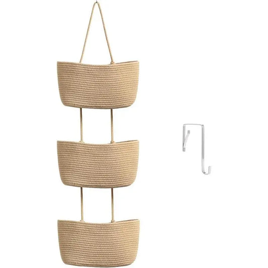 Woven cotton 3-Tier Over the Door Basket, Wall-Mounted Jute Bathroom Storage Organizer – Decorative Nursery Baskets, Perfect for Busy Mom/Dad to Store Diapers & Toys small basket Gift Hook laundry basket house organizers