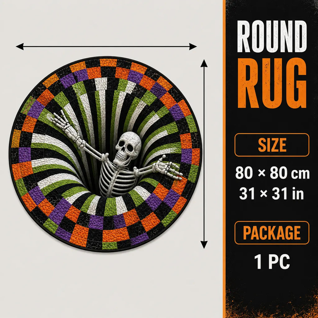 Halloween 3D Skeleton Vortex Quilted Illusion Round Rug (16") – Soft Non-Slip Spooky Living Room Carpet