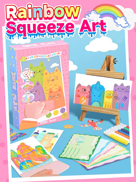 Rainbow Squeeze Art Kit - Creative Scratch & Color Art Set for Kids with 20 Drawing Papers 7 Acrylic Paints 6 Watercolor Pens 1 Sticker Sheet & Squeegee Board Perfect for DIY Art & Gifts