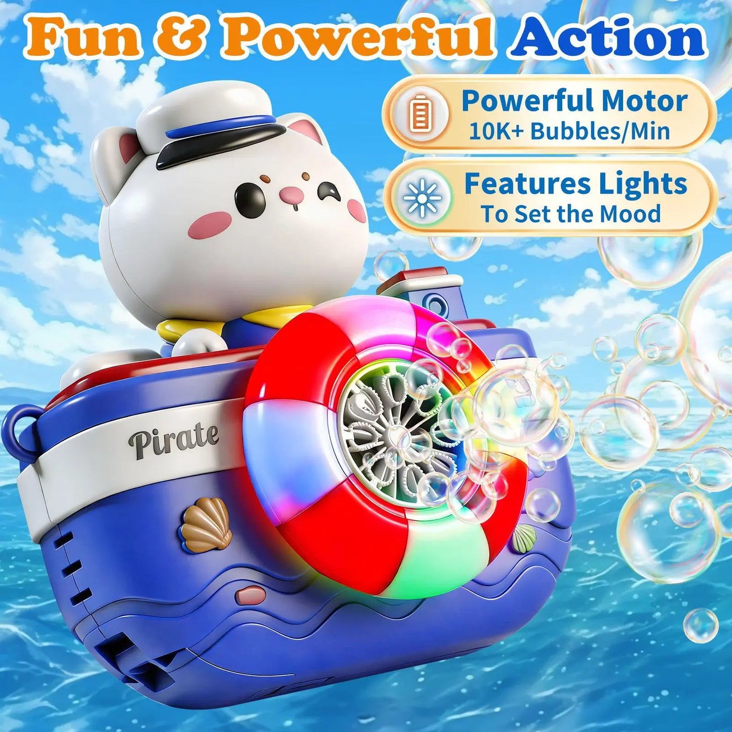 Cute Pirate Bubble Machine Toy for Kids – Automatic Bubble Blower with LED Lights & Music, High-Output Bubble Maker for Outdoor Play & Bath Fun