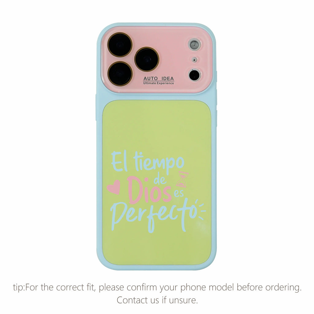 "God's Timing Is Perfect" Spanish Faith Quote Phone Case for iPhone 17 Pro Max – Color Block TPU-PC Camera Cover