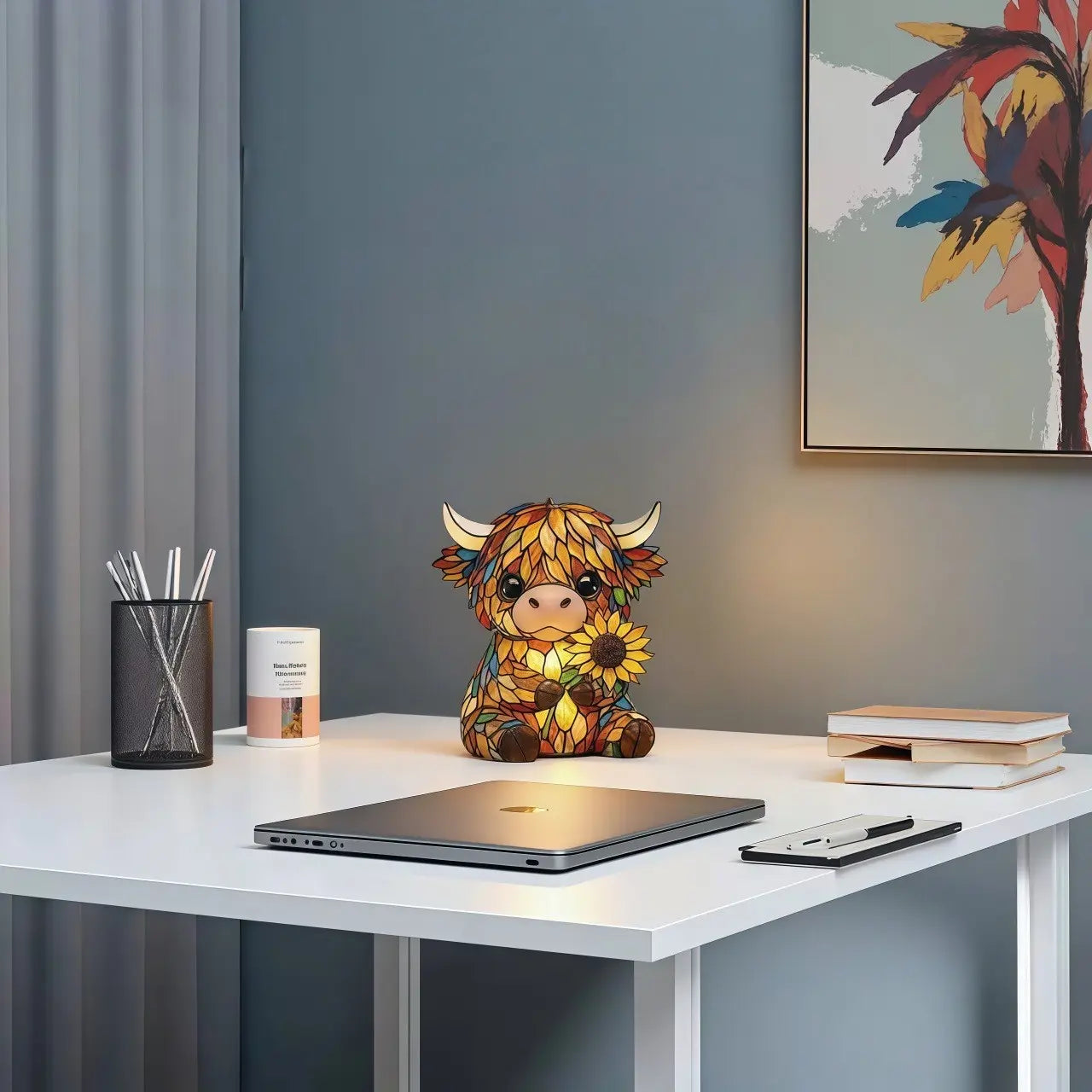 Luz de noche LED de vaca de las Highlands - Lámpara de mesa de figura animal de resina bonita (USB)