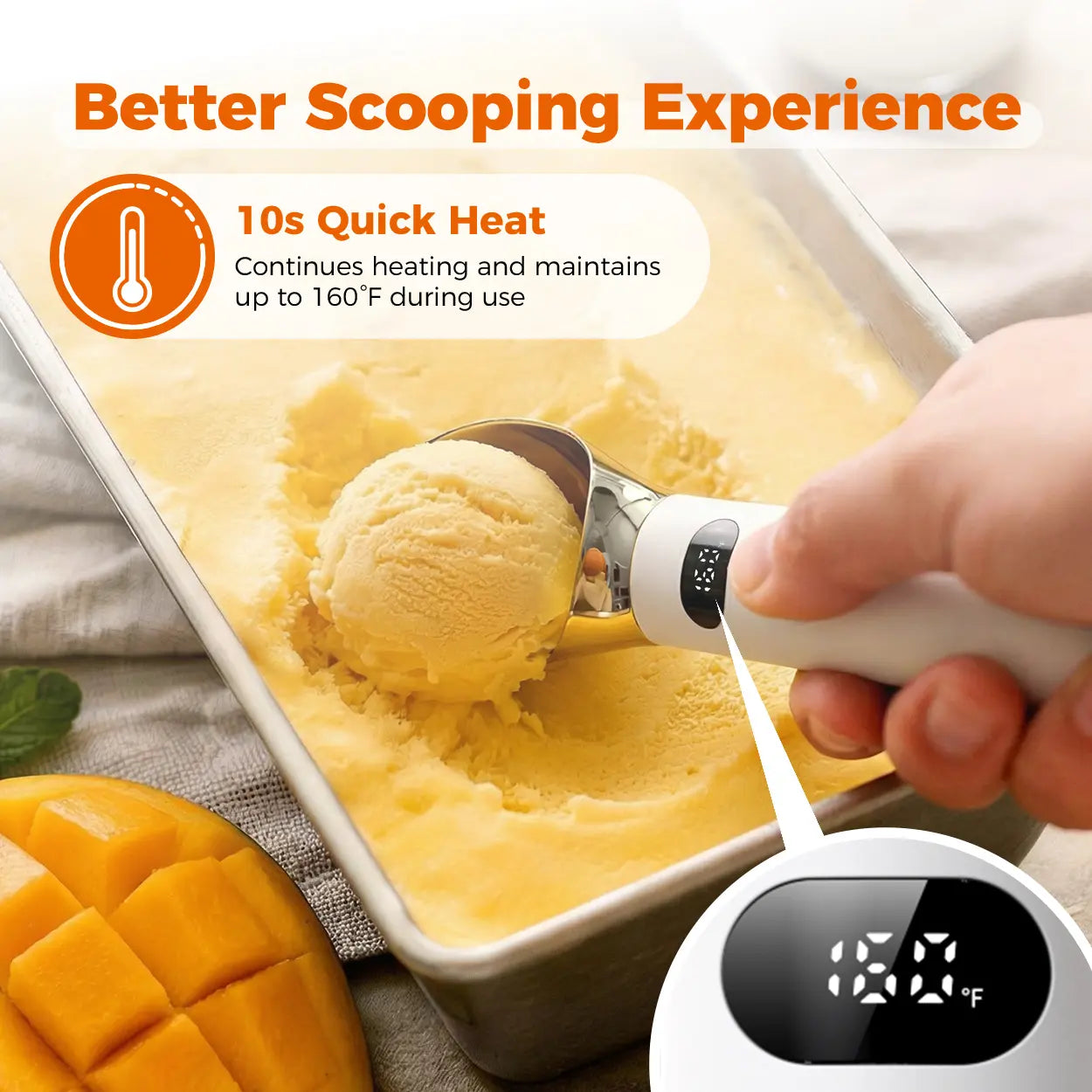 Electric Heated Ice Cream Scoop, Rechargeable Scoop with LED Display, 10s Quick Heat, Max 160°F, IP67 Waterproof, Home Dessert, Summer Treats, Gift Ideas