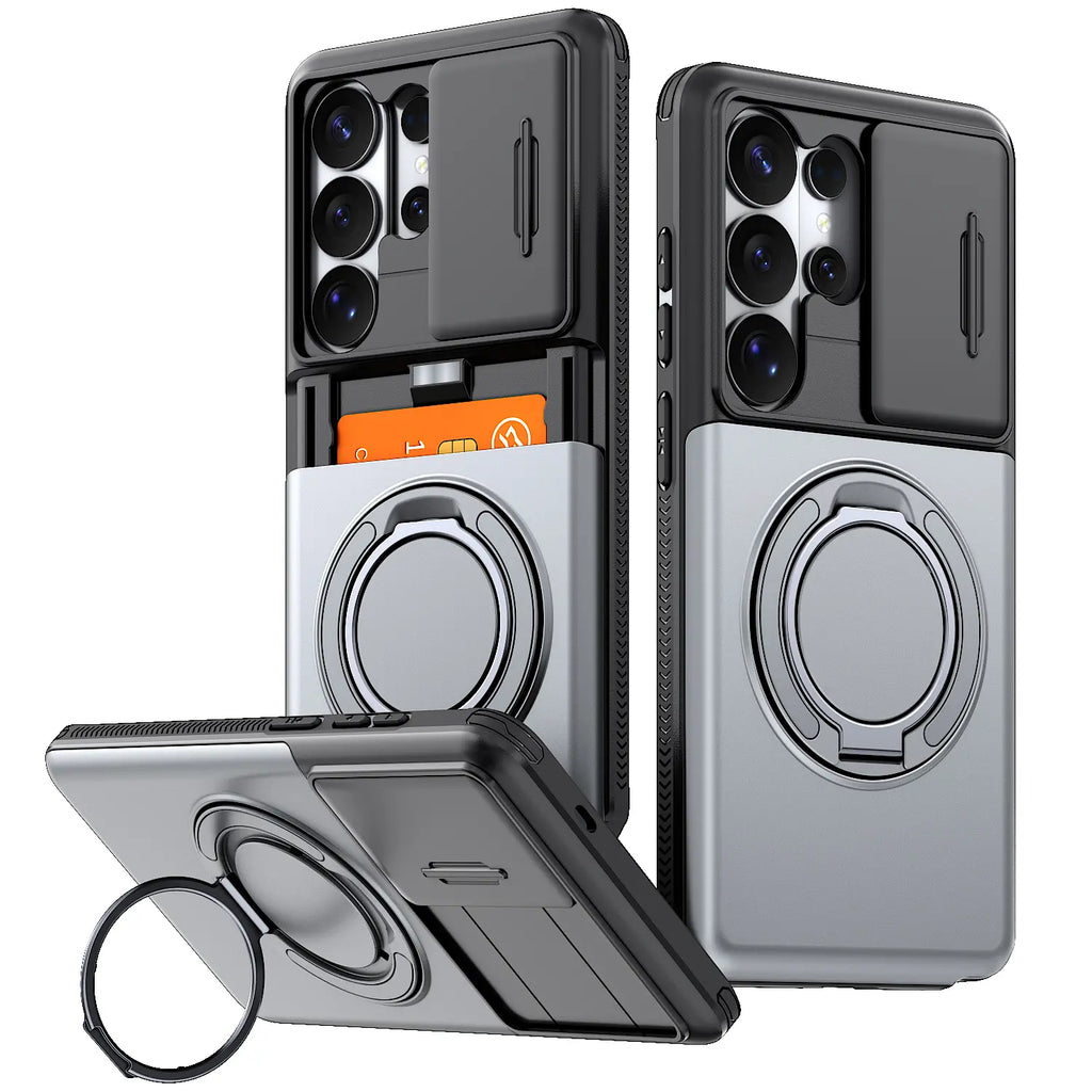Slide Camera Cover Ring Kickstand Case for Samsung Galaxy S26 Ultra – Dual Layer Shockproof Wallet Cover