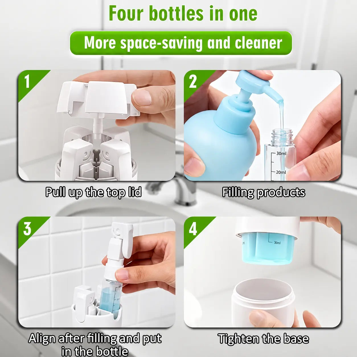 4-in-1 Travel Toiletry Dispenser Bottle – Leakproof Refillable Travel Container