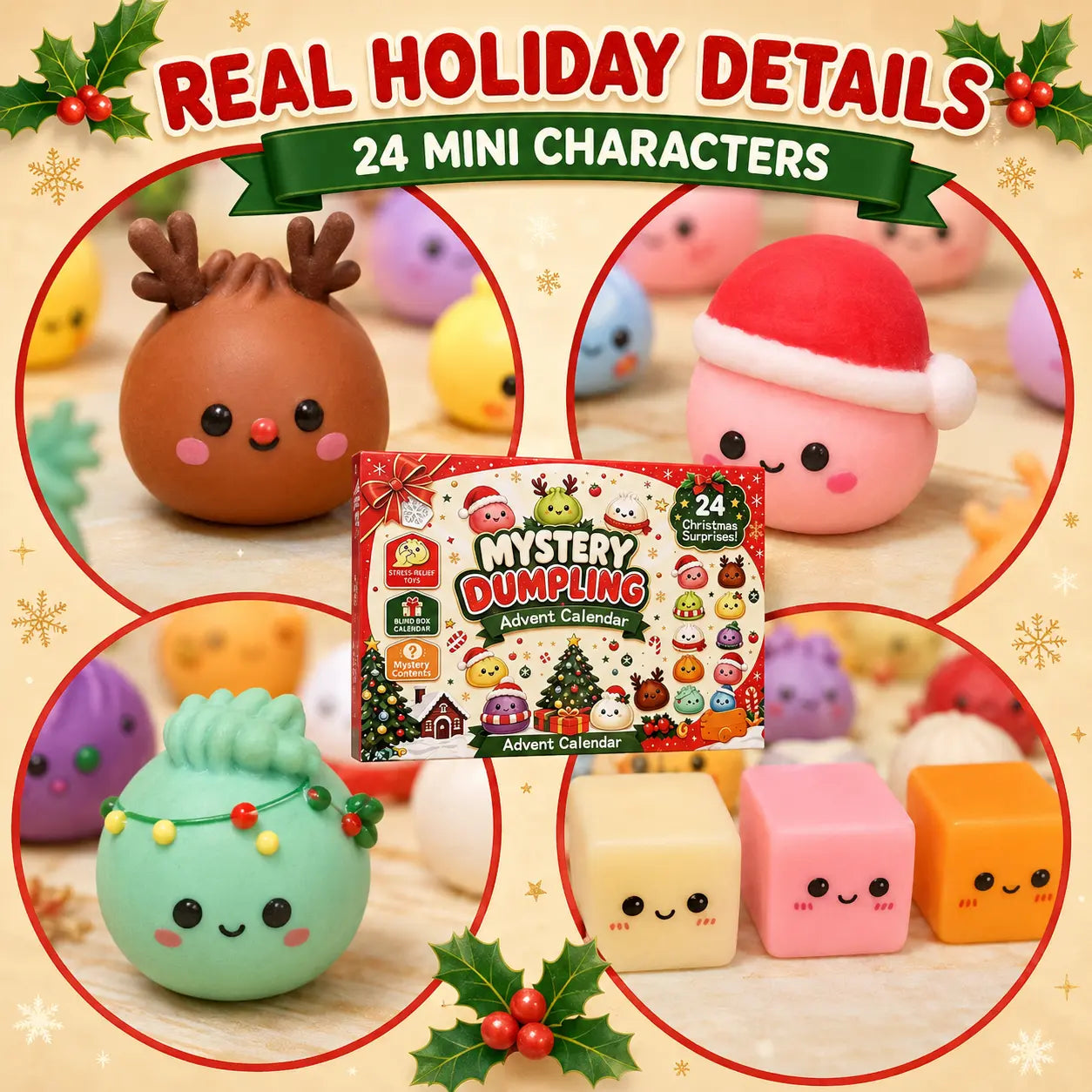 Christmas Mini Squishies Advent Calendar 2026 – 24-Day Dumpling & Glitter Toy Countdown Gift for Kids