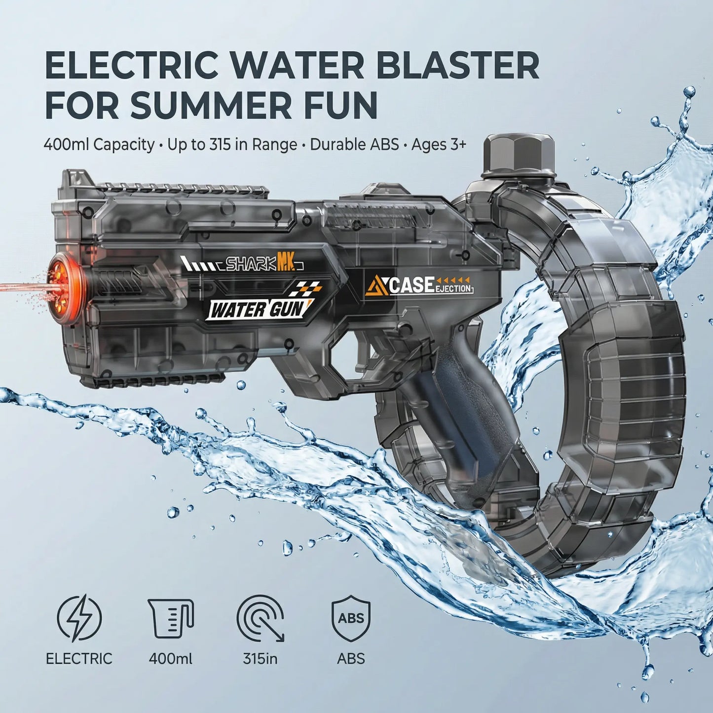 LED Electric Water Blaster Gun – Automatic Continuous Fire Water Gun with Transparent Tech Design & Rechargeable Battery